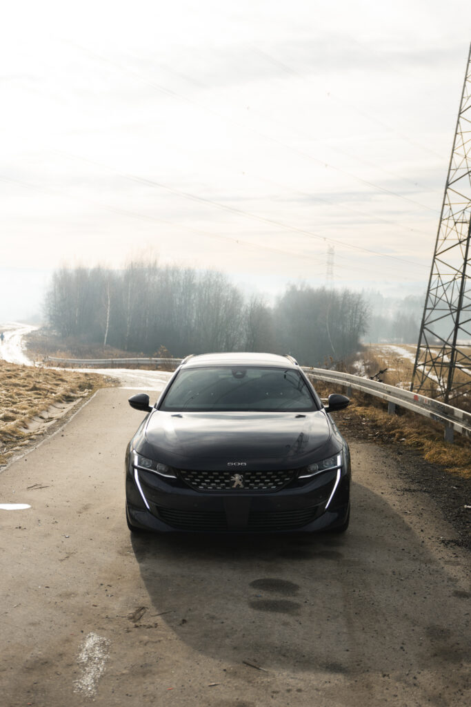 Przód czarnego Peugeota na zamglonej drodze pod słupem energetycznym, Fotograf Skawina.