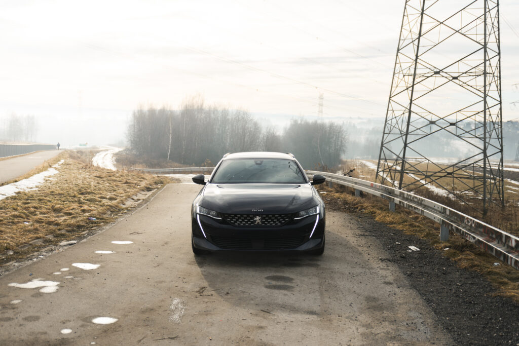 Czarny Peugeot zaparkowany na asfaltowej drodze w mglisty dzień, artystyczna fotografia.